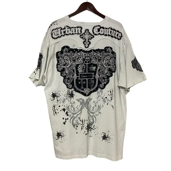 Victorious Urban Couture Graphic T Shirt Vtg Baggy White Rhinestone Goth Y2K - Picture 12 of 16